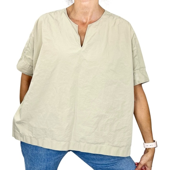 Uniqlo Tops - UNIQLO 100% cotton beige tan boxy oversized split neck dolman sleeve top S